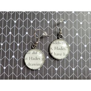 Hades pendant earrings made from Touch of Darkness book pages
